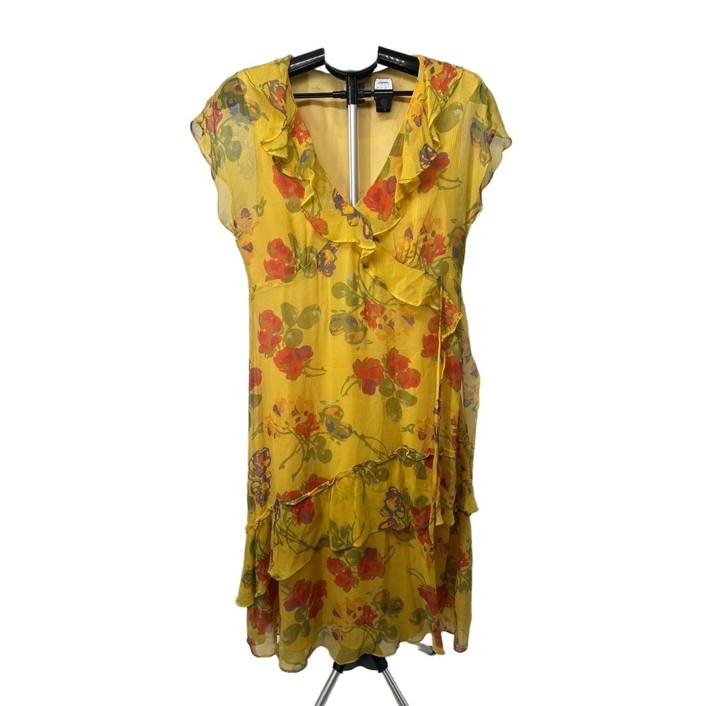 Sundance Dress Yellow Floral Print Ruffled Trim Short Sleeve VNeck Size 12